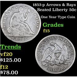 1853-p Arrows & Rays Seated Half Dollar 50c Grades f+