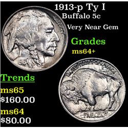 1913-p Ty I Buffalo Nickel 5c Grades Choice+ Unc