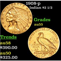 1908-p Gold Indian Quarter Eagle $2 1/2 Grades Choice AU