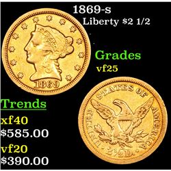 1869-s Gold Liberty Quarter Eagle $2 1/2 Grades vf+
