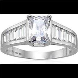 Sterling Silver 6x8mm Emerald Cut Engagement Ring W/Graduated Baguette Band
