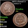 Image 1 : 1873 closed 3 Indian Cent 1c Grades f+