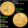 Image 1 : 1911-p Gold Indian Quarter Eagle $2 1/2 Grades Select AU