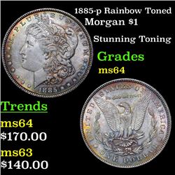 1885-p Rainbow Toned Morgan Dollar $1 Grades Choice Unc