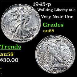 1945-p Walking Liberty Half Dollar 50c Grades Choice AU/BU Slider