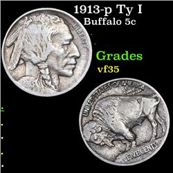 1913-p Ty I Buffalo Nickel 5c Grades vf++