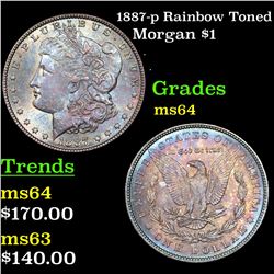 1887-p Rainbow Toned Morgan Dollar $1 Grades Choice Unc