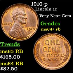 1910-p Lincoln Cent 1c Grades Choice+ Unc RB
