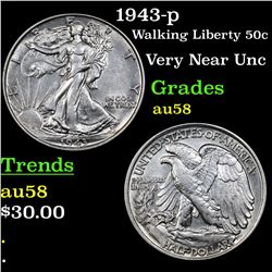 1943-p Walking Liberty Half Dollar 50c Grades Choice AU/BU Slider