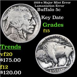 1918-s Major Mint Error Lamaniation Error Buffalo Nickel 5c Grades f+