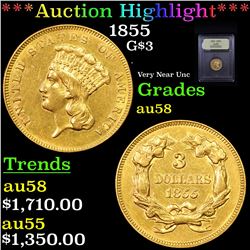 ***Auction Highlight*** 1855 Three Dollar Gold .$3 Graded Choice AU/BU Slider By USCG (fc)
