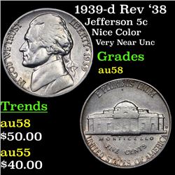1939-d Rev '38 Jefferson Nickel 5c Grades Choice AU/BU Slider