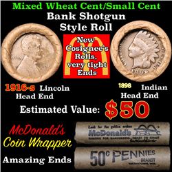 Mixed small cents 1c orig shotgun roll, 1916-s Wheat Cent, 1898 Indian Cent other end