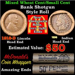 Mixed small cents 1c orig shotgun roll, 1918-d Wheat Cent, 1898 Indian Cent other end