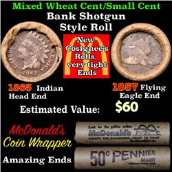 Mixed small cents 1c orig shotgun roll, 1853 Flying Eagle Cent, 1863 Indian Cent other end