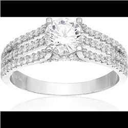 Sterling Silver Rhodium Solitaire 3 - Row Pave Split Shank Engagement Ring Size 7