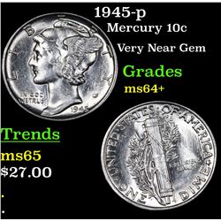 1945-p Mercury Dime 10c Grades Choice+ Unc