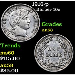 1916-p Barber Dime 10c Grades Choice AU/BU Slider+