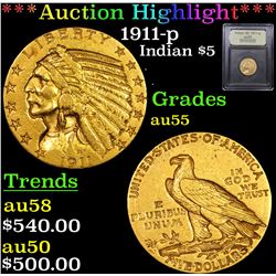 ***Auction Highlight*** 1911-p Gold Indian Half Eagle $5 Graded Choice AU By USCG (fc)