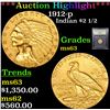 Image 1 : ***Auction Highlight*** 1912-p Gold Indian Quarter Eagle $2 1/2 Graded Select Unc By USCG (fc)