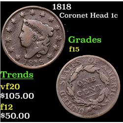 1818 Coronet Head Large Cent 1c Grades f+