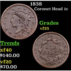 1838 Coronet Head Large Cent 1c Grades vf+