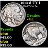 Image 1 : 1913-d TY I Buffalo Nickel 5c Grades vf+