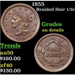 1855 Braided Hair Half Cent 1/2c Grades AU Details