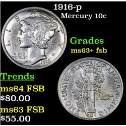 1916-p Mercury Dime 10c Grades Select Unc+ FSB