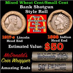 Mixed small cents 1c orig shotgun roll, 1917-s Wheat Cent, 1898 Indian Cent other end