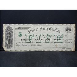 1872 $5.00 South Carolina Bond Scarce Very neat
