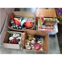 BOX OF KITCHEN ITEMS, ULU KNIFE, PUZZLES, AND WOOD BOX