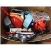 Image 4 : BOX OF KITCHEN ITEMS, ULU KNIFE, PUZZLES, AND WOOD BOX