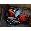 Image 7 : BOX OF KITCHEN ITEMS, ULU KNIFE, PUZZLES, AND WOOD BOX