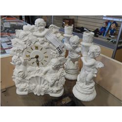 PORCELAIN CLOCK AND CANDLE HOLDERS