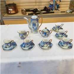 JAPAN HAND PAINTED BLUEBIRD PATTERN COFFEE POT, CREAM AND SUGAR, AND CUPS AND SAUCERS