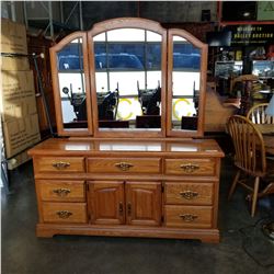 7 DRAWER OAK DRESSER WITH MIRROR