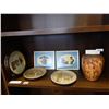 Image 1 : 3 FRAMED NEEDLE POINT PICTURES, 2 HAND MADE POTTERY PLATES, AND VASE