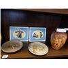 Image 2 : 3 FRAMED NEEDLE POINT PICTURES, 2 HAND MADE POTTERY PLATES, AND VASE