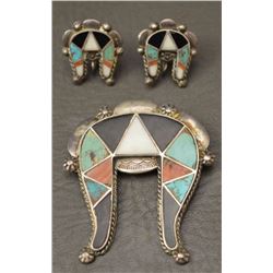 ZUNI INDIAN PIN AND EARRINGS