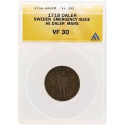 1718 Sweden Emergency Issue AE Daler Mars Coin ANACS VF30