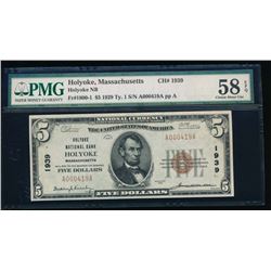 1929 $5 Holyoke National Bank Note PMG 58EPQ