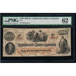 1862-63 $100 Confederate States of America Note PMG 62
