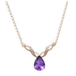 Plated 18KT Yellow Gold 4.83ct Amethyst and Diamond Pendant with Chain