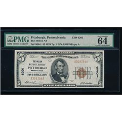 1929 $5 Pittsburgh National Bank Note PMG 64EPQ