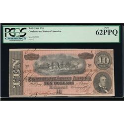 1864 $10 Confederate States of America Note PCGS 62PPQ