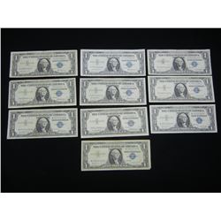(10) 1957 One Dollar Silver Certificates, (6) 1957, (3) 57 A, (1) 57 B