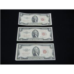 (3) Red Seal Two Dollar Notes 1953 1953 A 1953 B