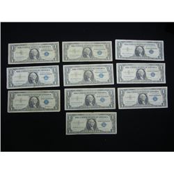 (10) 1957 One Dollar Silver Certificates, (4) 57, (3) 57 A, (3) 57 B
