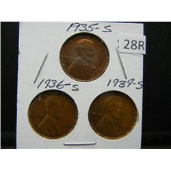 1935 S, 36 S, 37 S Lincoln Wheat Cents